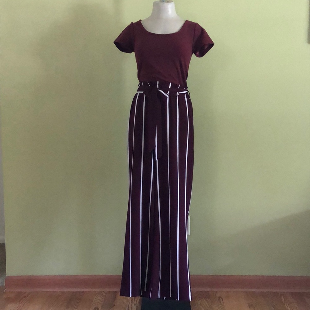 Francesca’s Blue Rain Women’s Charlie Striped Paper Bag Waist Jumpsuit